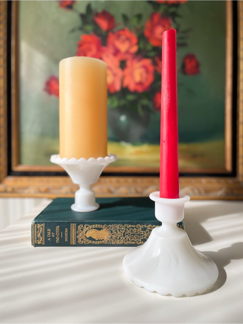 Vintage White Milk Glass Taper Candle Holders Pair - Scalloped Pie Crust Base - Picture 2 of 13